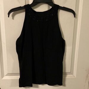 Ann Taylor Black Sleeveless  Knit Top, Beaded Flower Collar XS or Small